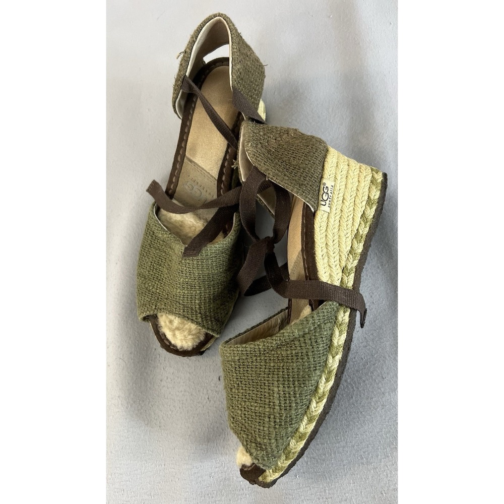 UGG Sandals Australia Mar Espadrille Wedge Ankle Tie Olive Green Sz 8 Sherpa